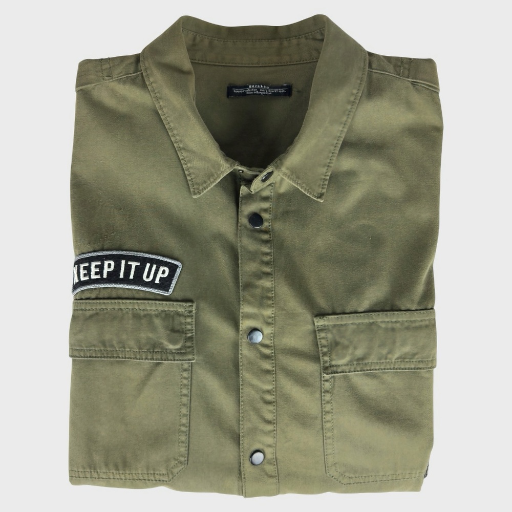 Bershka Vintage Green Military Patchwork Utility Shirt - Picture 3 of 11